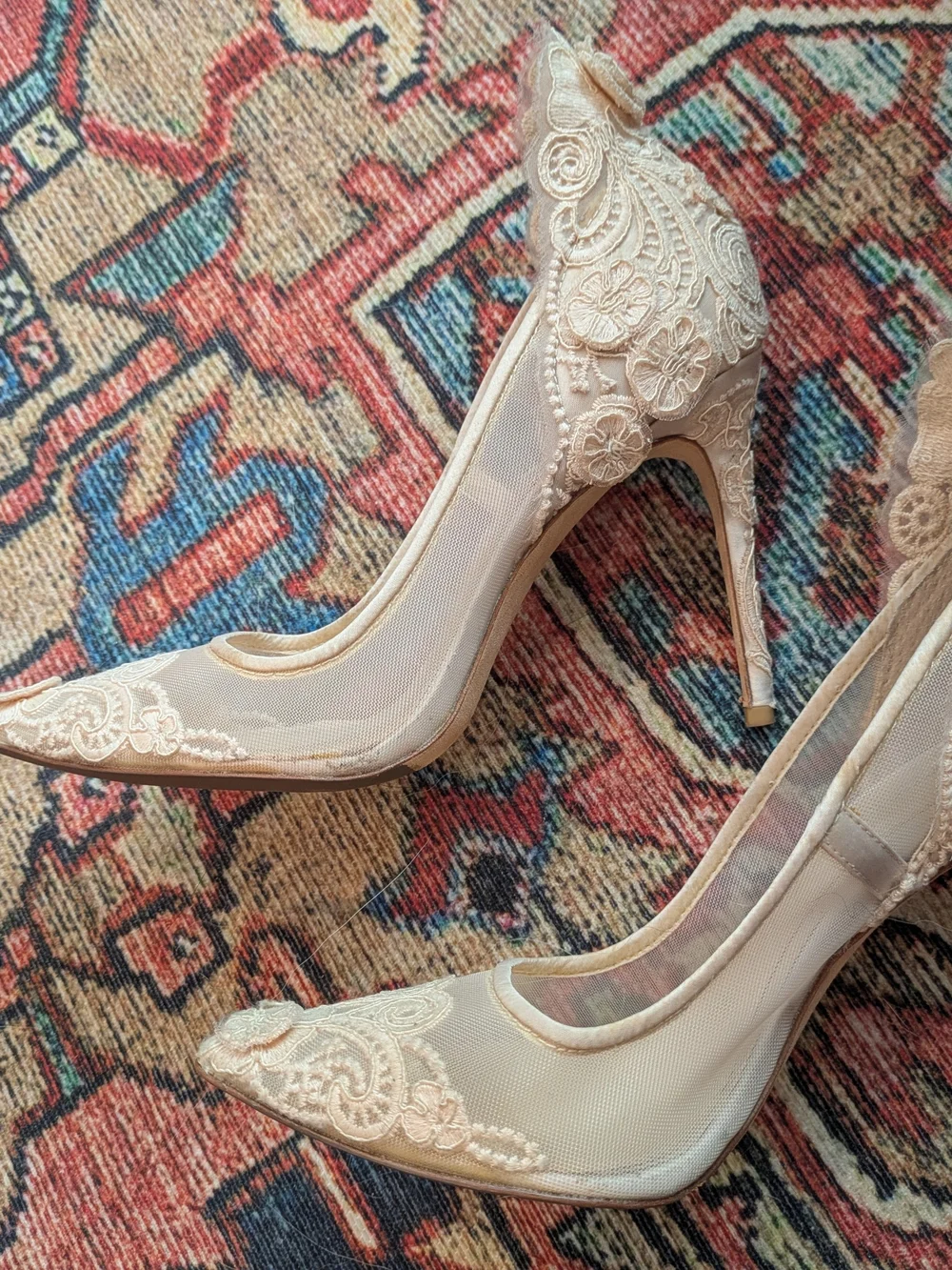 Vince Camuto Lace Pointed-Toe Stiletto Heels in Beige